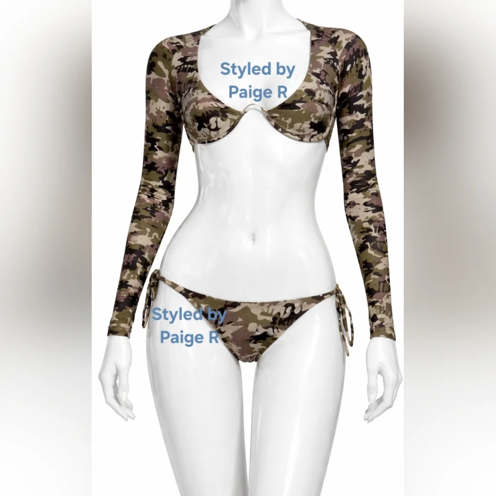 NWT SKIMS Swim Underwire Long Sleeve Top Tie Bikini Swimsuit Suit Set CAMO 3X 4X